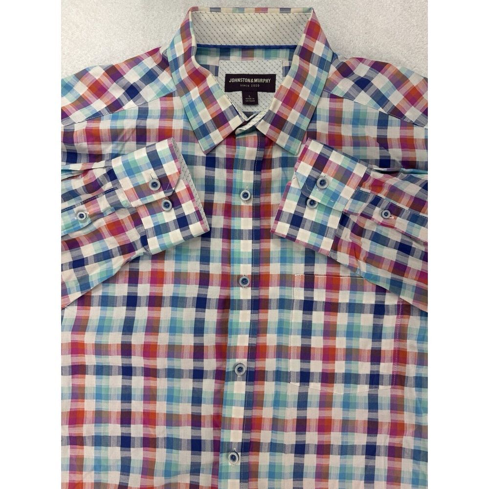 Johnston & Murphy Button Front‎ Shirt Men Red Blue Plaid LS Flip Cuff L.